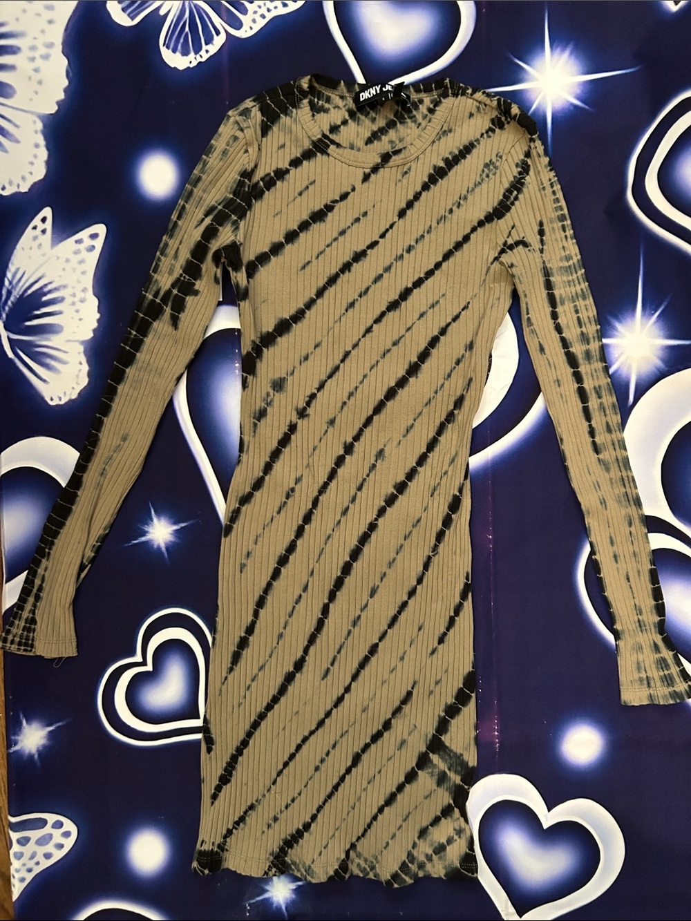 DKNY Olive and Black Long Sleeve Ribbed Tie-Dye Bodycon Dress